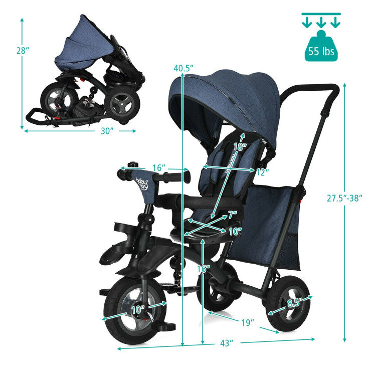 7 In 1 Baby Folding Tricycle Stroller with Rotatable Seat