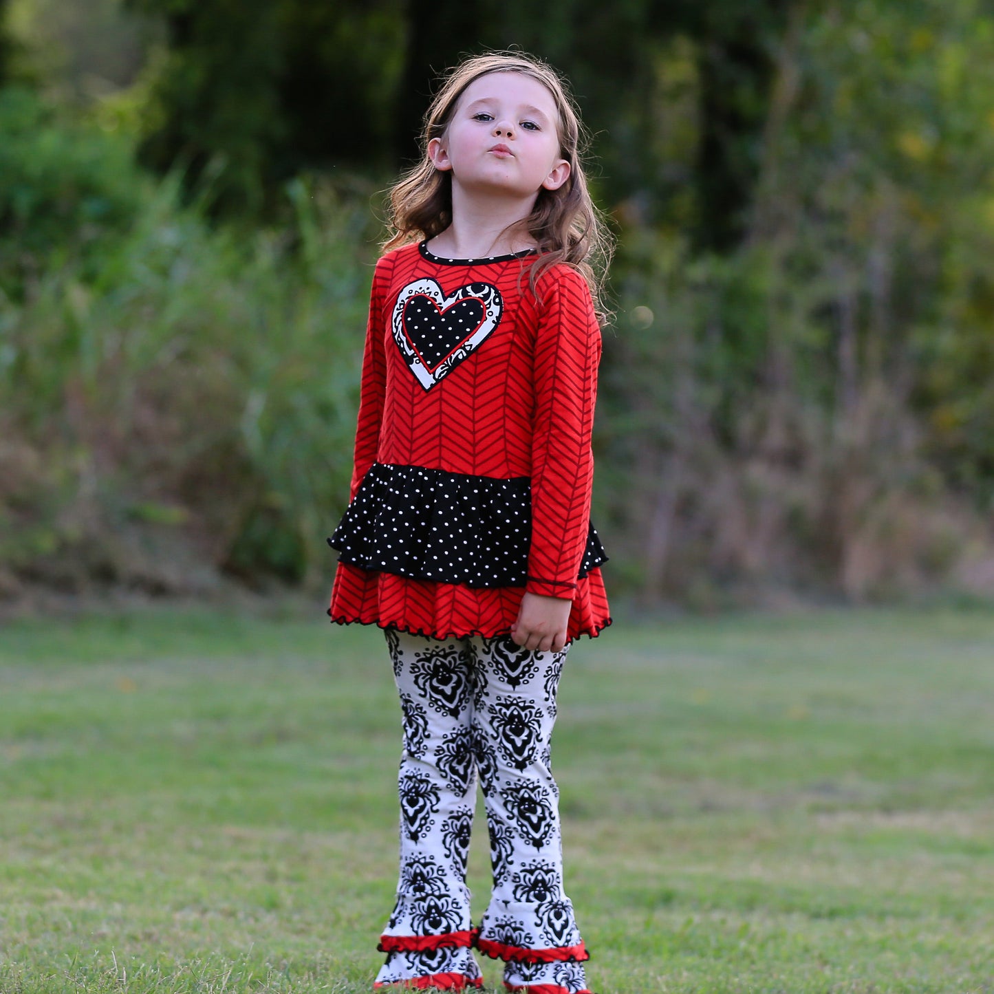 AnnLoren Girls Winter Damask Heart Herringbone Tunic and Legging Set