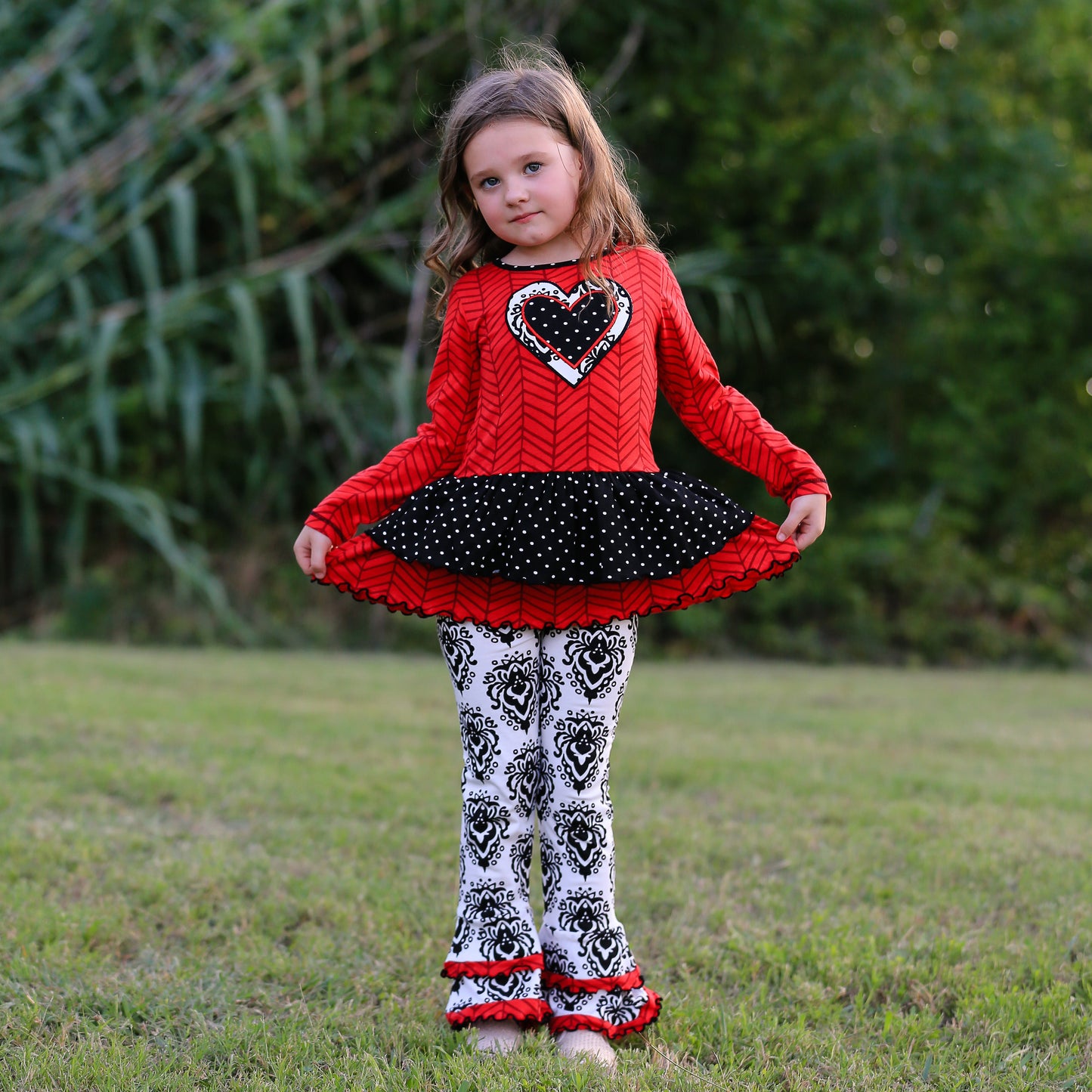 AnnLoren Girls Winter Damask Heart Herringbone Tunic and Legging Set