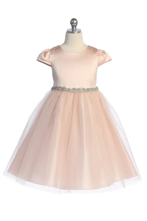 452-A Capped Sleeve Satin & Tulle Girls Dress with Plus Sizes