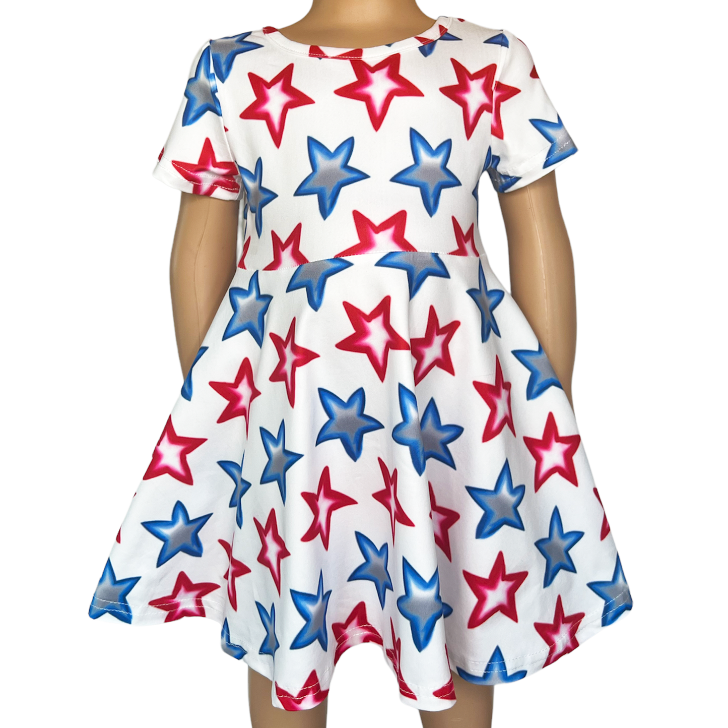 Girls 4th of July Patriotic Stars Red White & Blue Short Sleeve Swing Dress