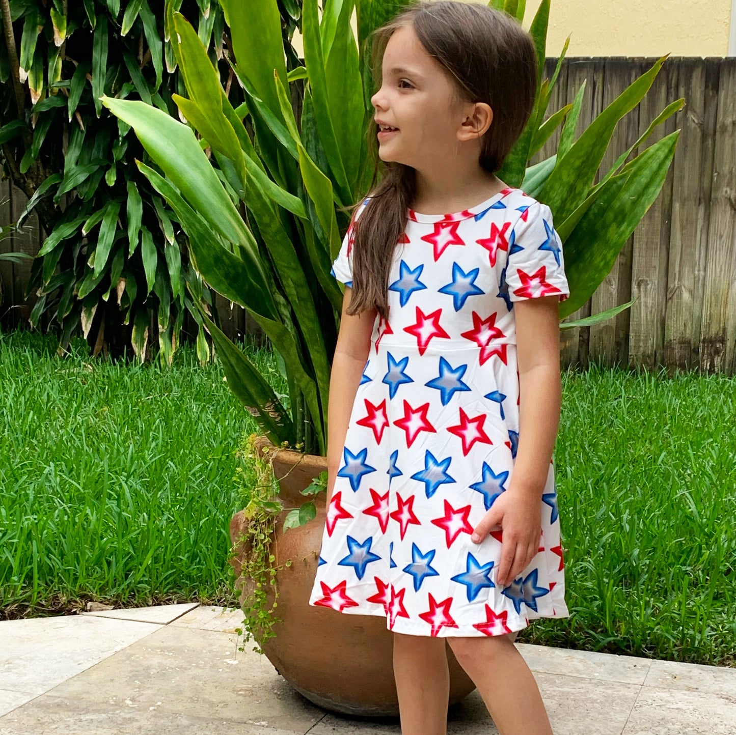 Girls 4th of July Patriotic Stars Red White & Blue Short Sleeve Swing Dress