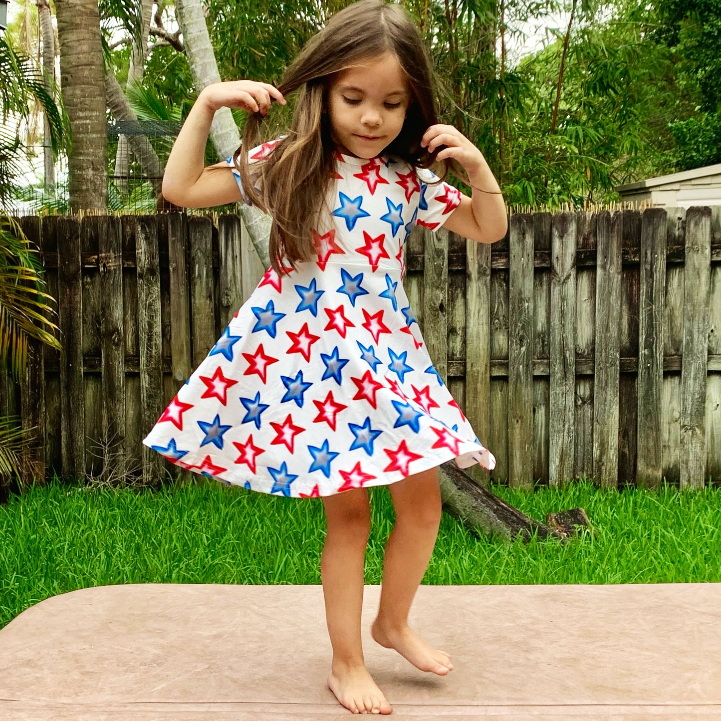 Girls 4th of July Patriotic Stars Red White & Blue Short Sleeve Swing Dress