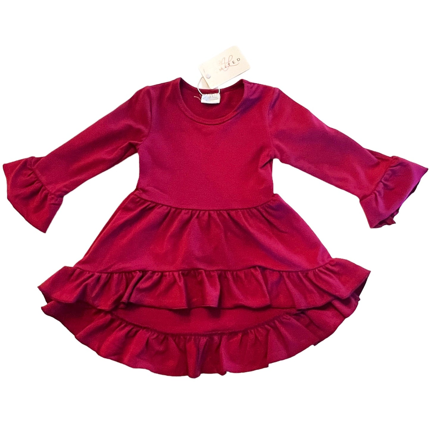 Girls Burgundy Cotton Knit Ruffle High Low Shirt 3/4 Sleeve