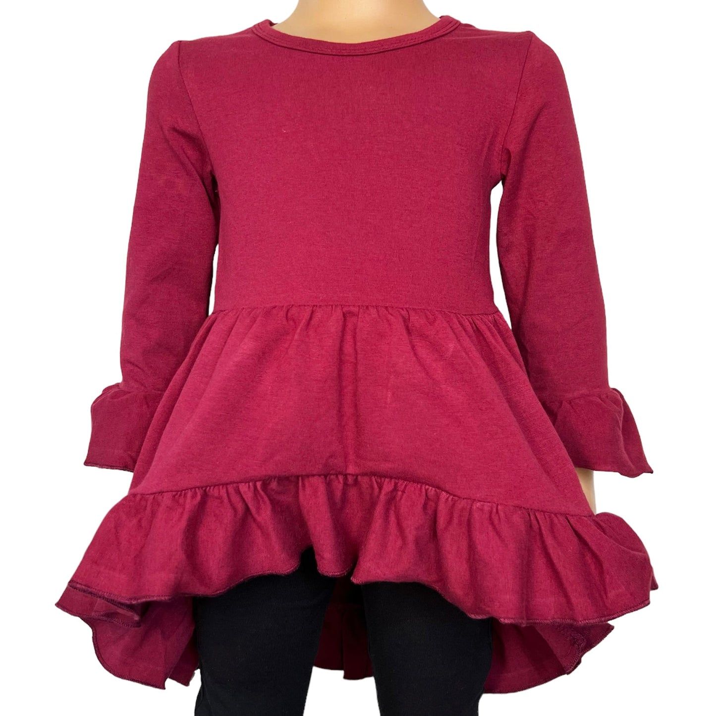 Girls Burgundy Cotton Knit Ruffle High Low Shirt 3/4 Sleeve