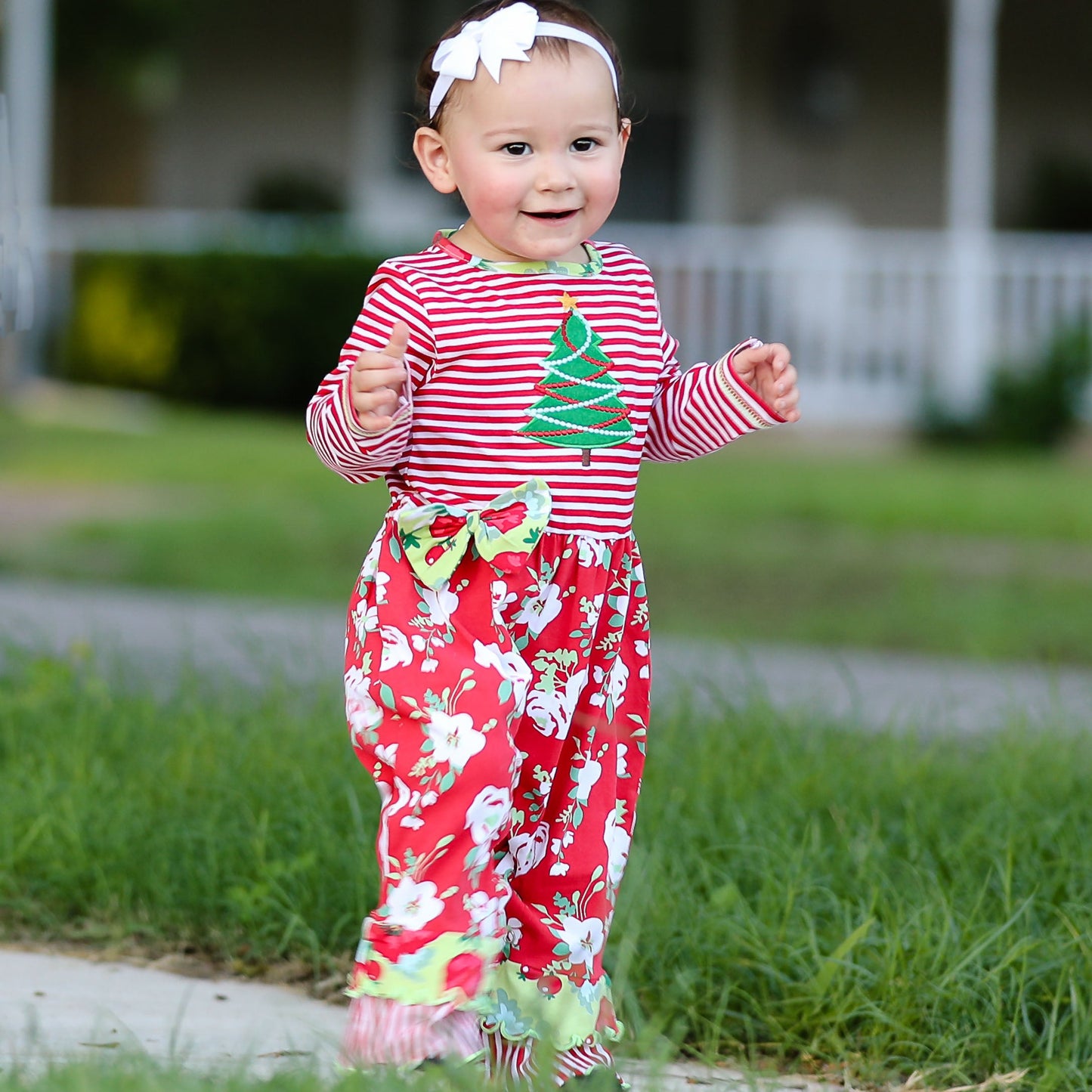 AnnLoren Baby Girls Merry Christmas Tree Holiday Floral Toddler Romper One Piece