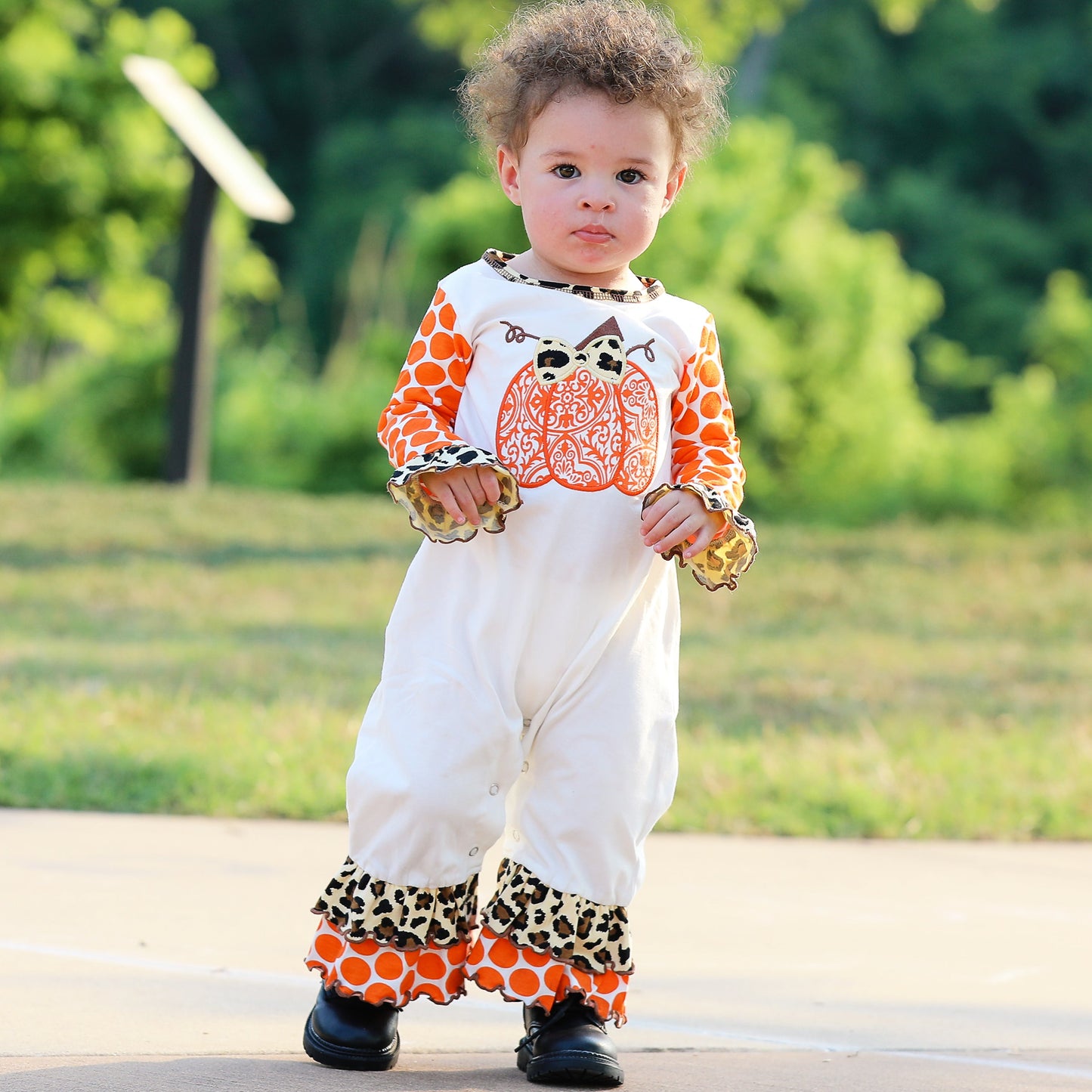 AnnLoren Baby Girls Orange pumpkin Autumn Holiday Cotton Romper