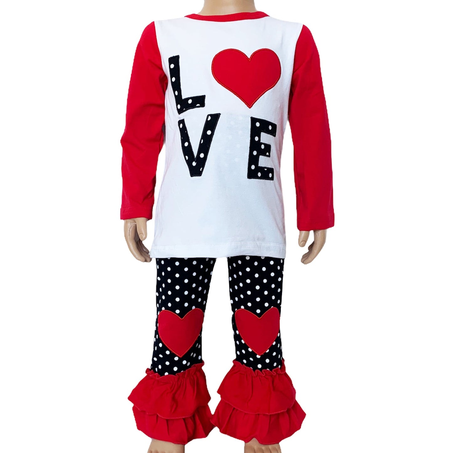 Toddler Girls Valentine's Day LOVE Long Sleeve T Shirt & Heart Ruffle Pants Set