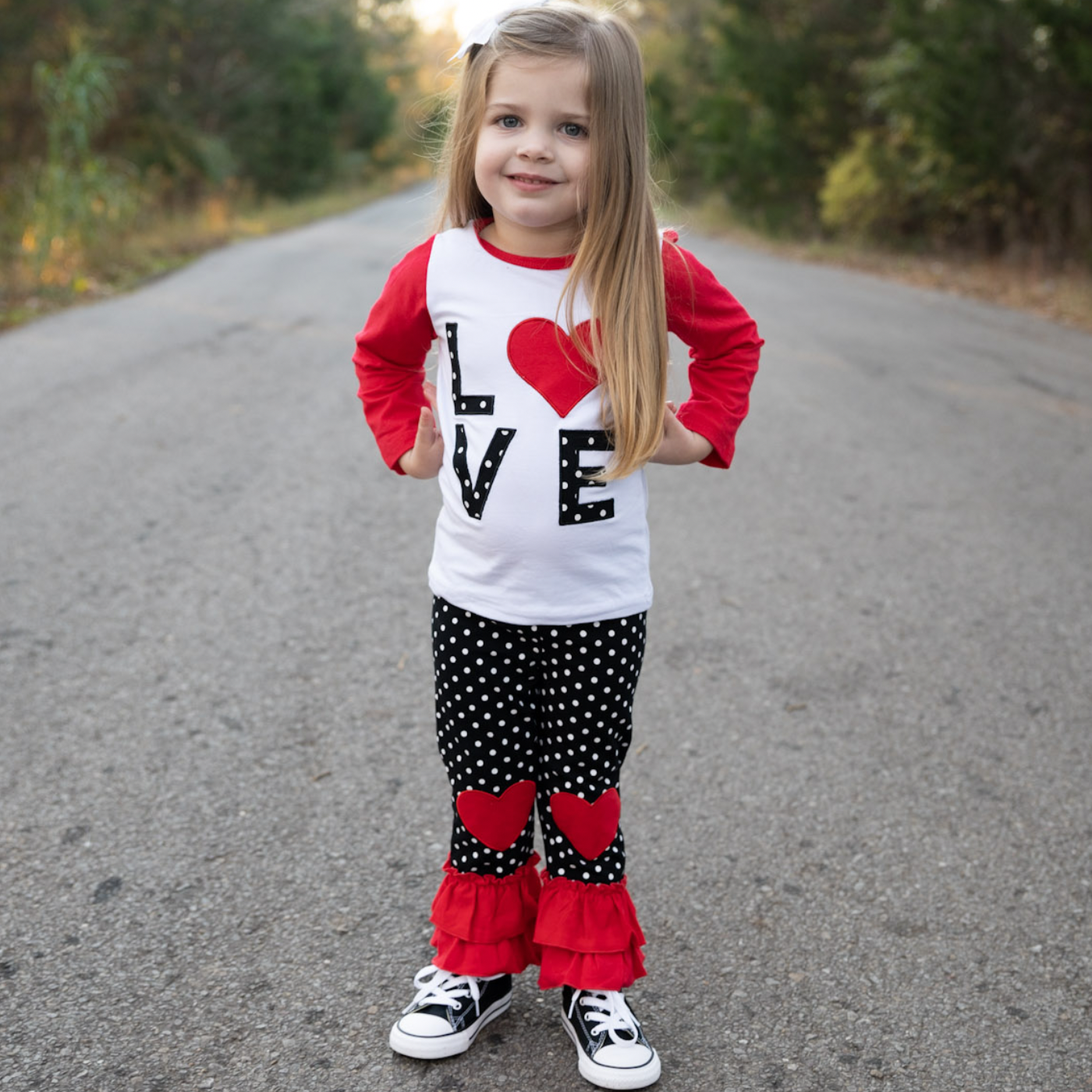 Toddler Girls Valentine's Day LOVE Long Sleeve T Shirt & Heart Ruffle Pants Set