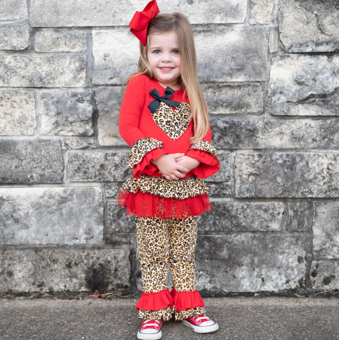 Girls Valentine's Day Leopard Heart Long Sleeve Tunic & Ruffle Pants Set