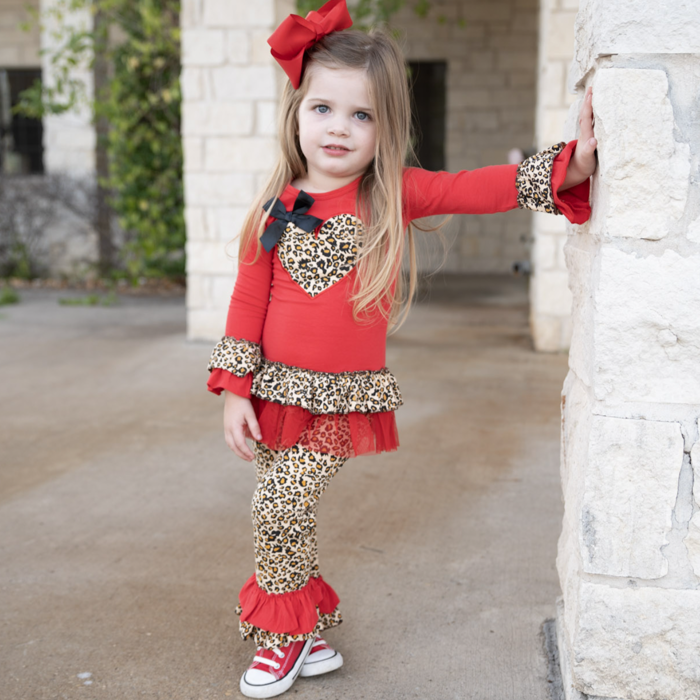 Girls Valentine's Day Leopard Heart Long Sleeve Tunic & Ruffle Pants Set