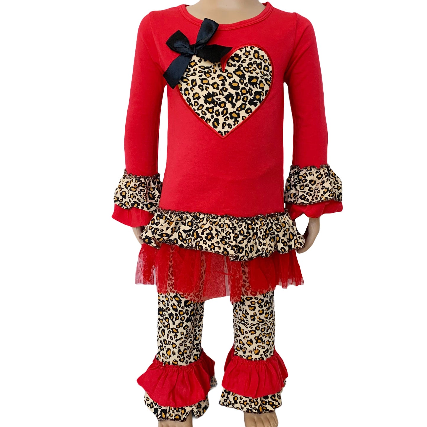 Girls Valentine's Day Leopard Heart Long Sleeve Tunic & Ruffle Pants Set