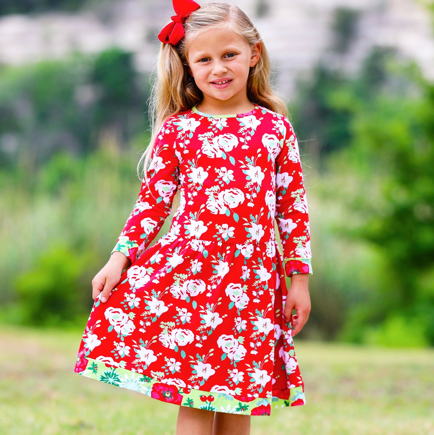 AnnLoren Girls Boutique Christmas Floral Long Sleeve Cotton Party Dress