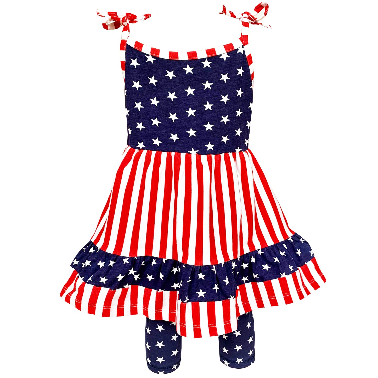 AnnLoren Girls 4th of July Stars & Striped Dress & Capri Leggings Outfit