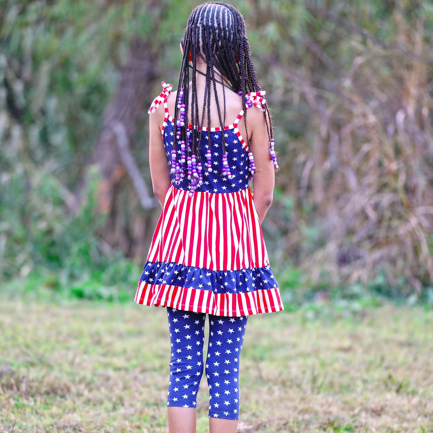 AnnLoren Girls 4th of July Stars & Striped Dress & Capri Leggings Outfit