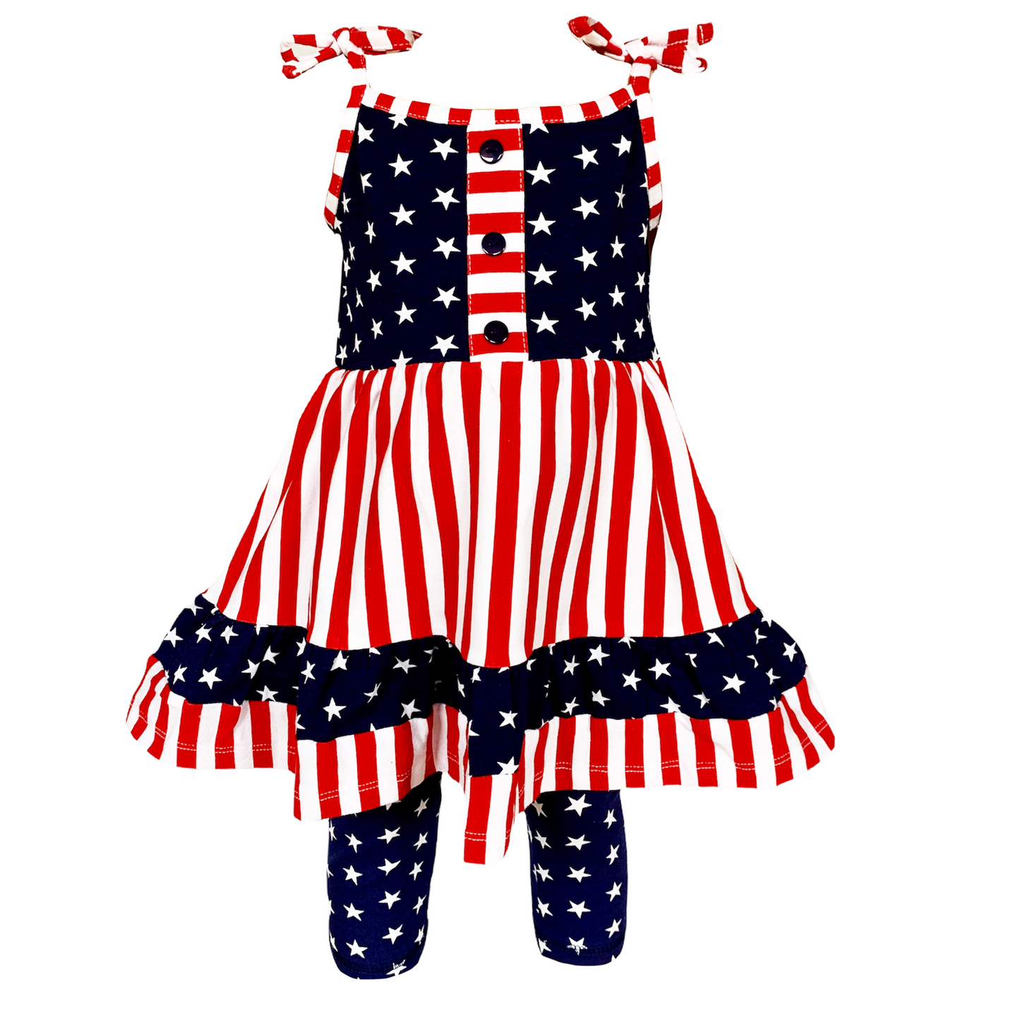 AnnLoren Girls 4th of July Stars & Striped Dress & Capri Leggings Outfit