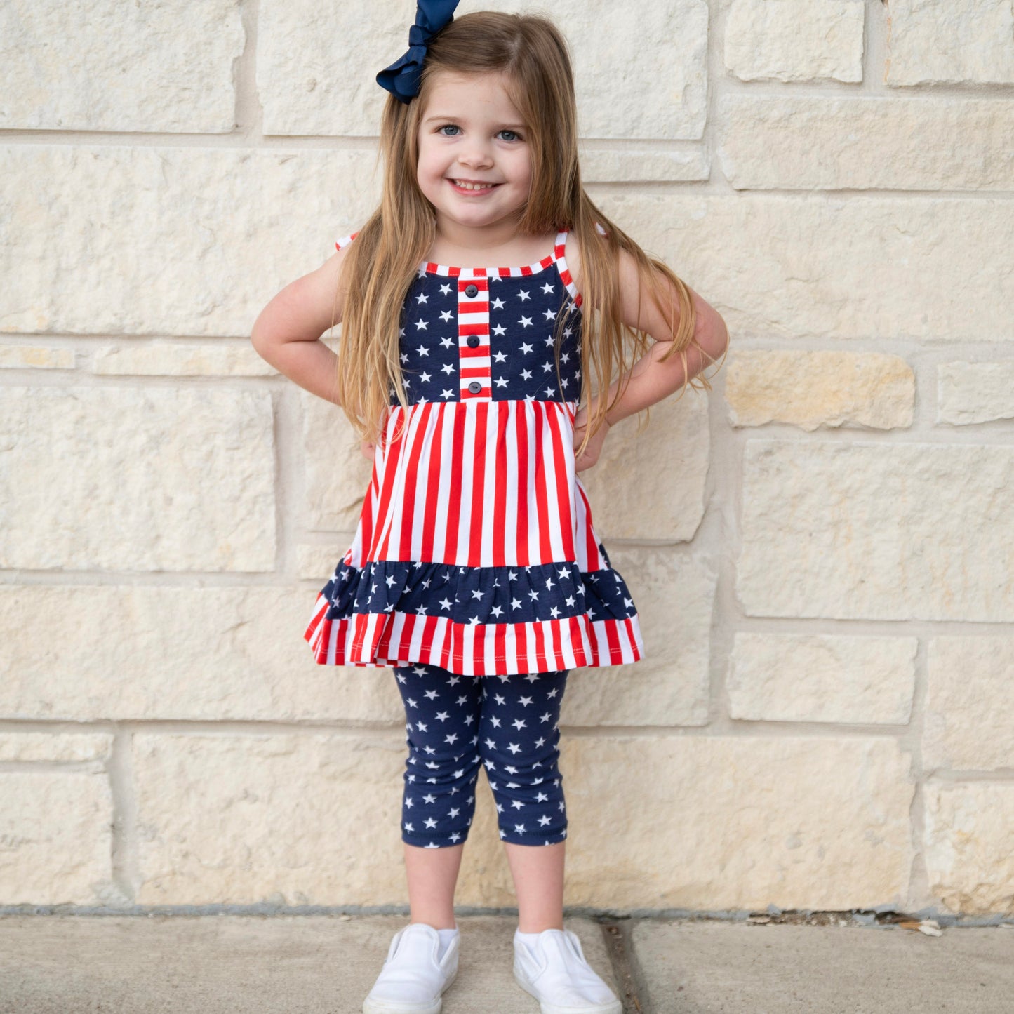 AnnLoren Girls 4th of July Stars & Striped Dress & Capri Leggings Outfit