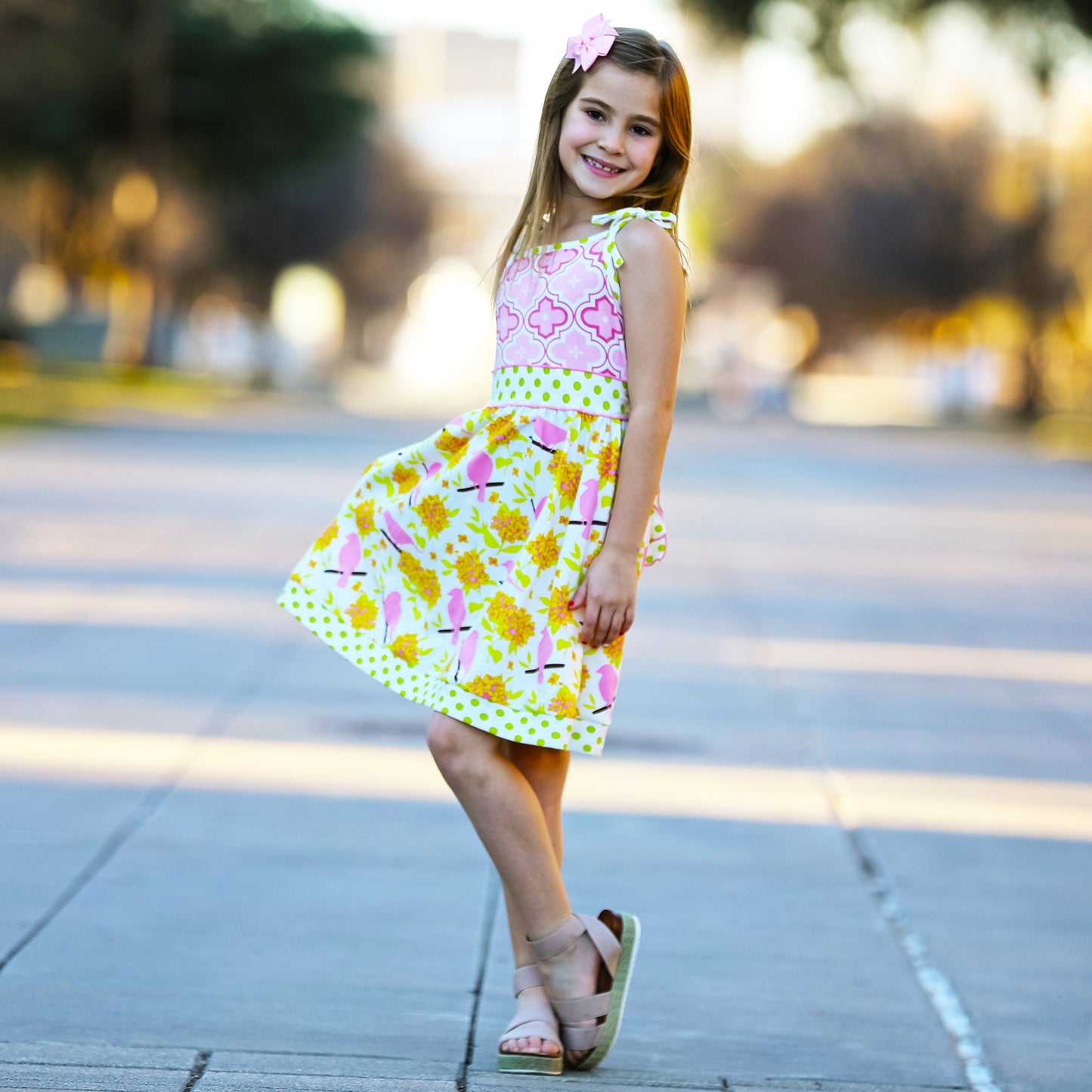 Girls Easter Dress Spring Birds and Pink Arabesque Cotton Knit Spaghetti Straps