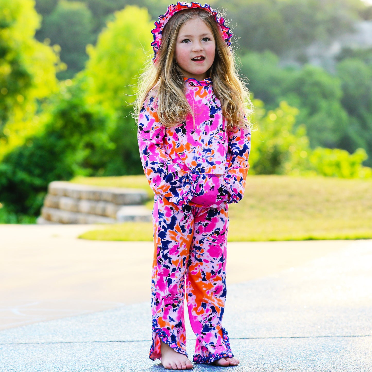 AnnLoren Girls Pink, Orange & Purple Tie Dye Ruffle Hoodie 2 Pc Fashion Track Suit