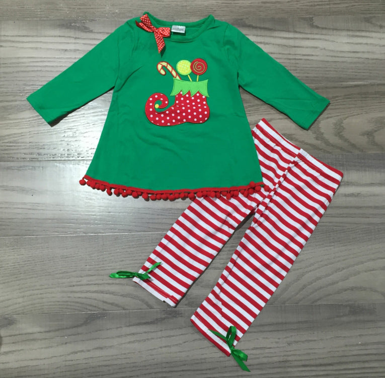 AL Limited Girls Christmas Holiday Elf Stocking Top & Stripe Pants Outfit Set