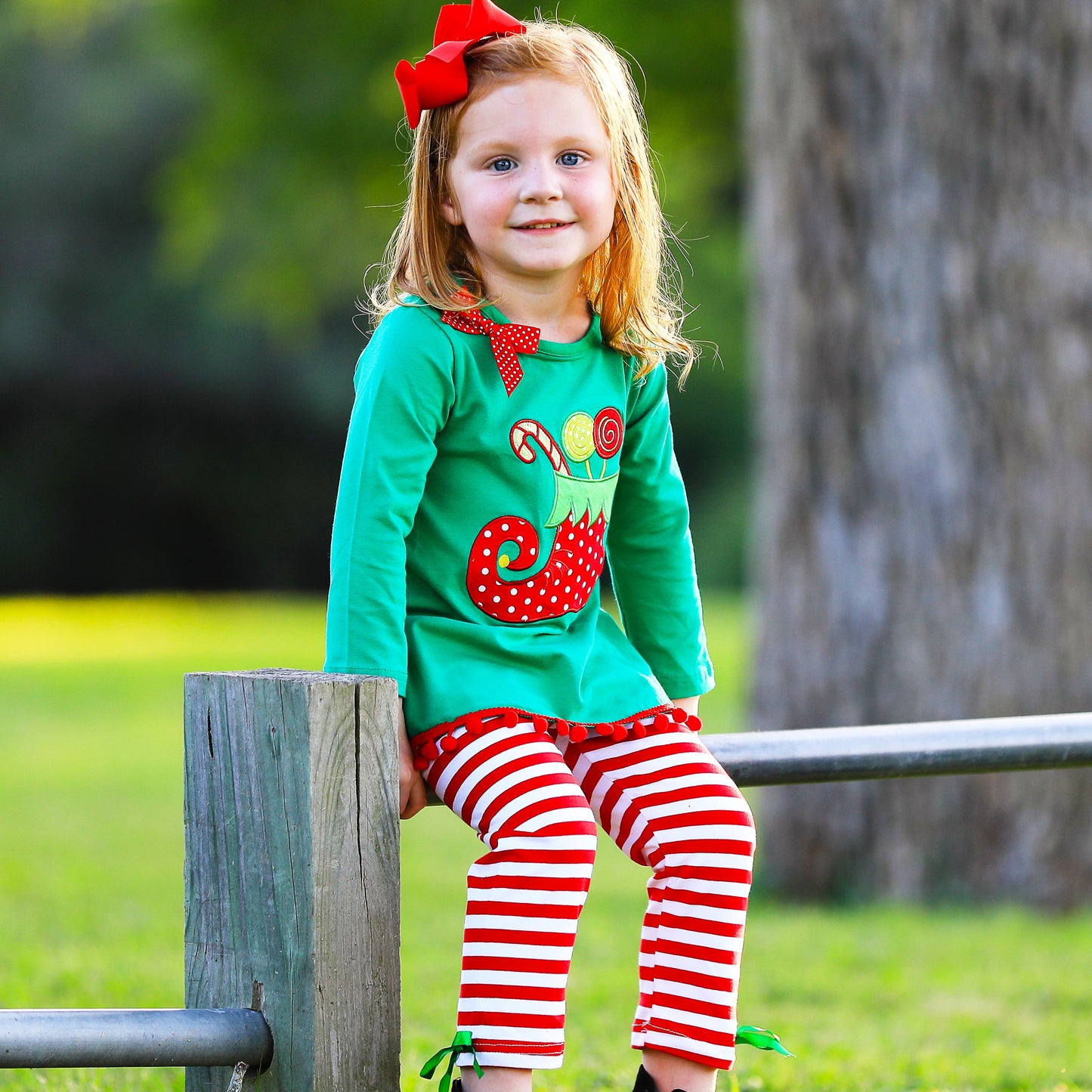 AL Limited Girls Christmas Holiday Elf Stocking Top & Stripe Pants Outfit Set