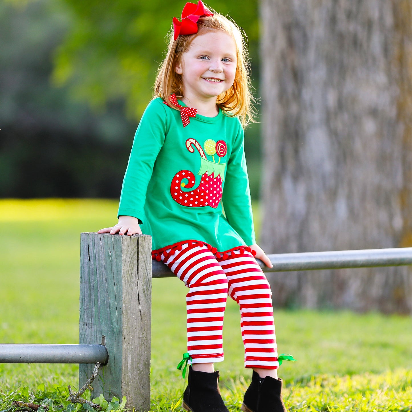 AL Limited Girls Christmas Holiday Elf Stocking Top & Stripe Pants Outfit Set