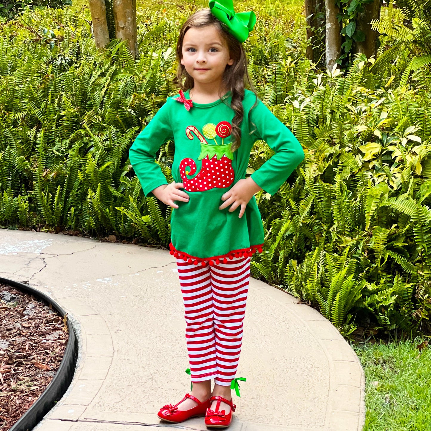 AL Limited Girls Christmas Holiday Elf Stocking Top & Stripe Pants Outfit Set