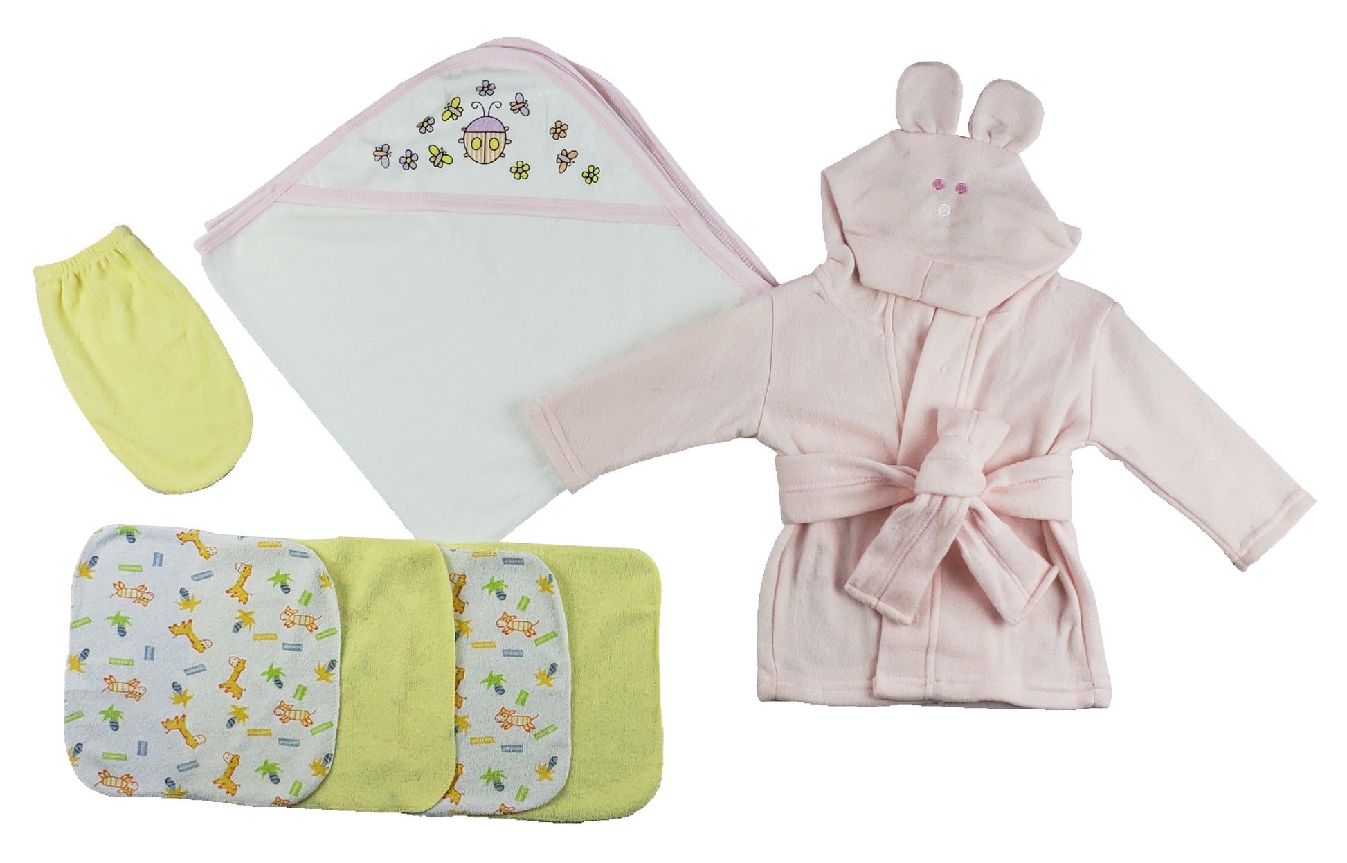 Pink Infant Robe, Hooded Towel, Washcloths and Hand Washcloth Mitt - 7 pc Set  CS_0011