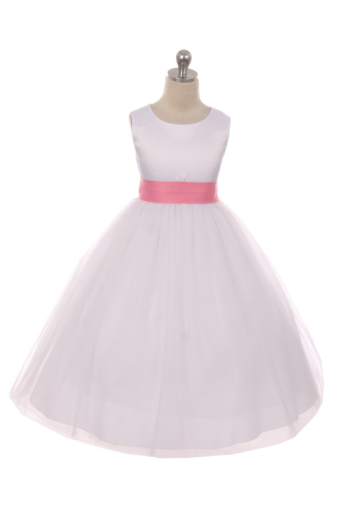 Dress - Satin Sash Bow Girl Dress (White Dress)